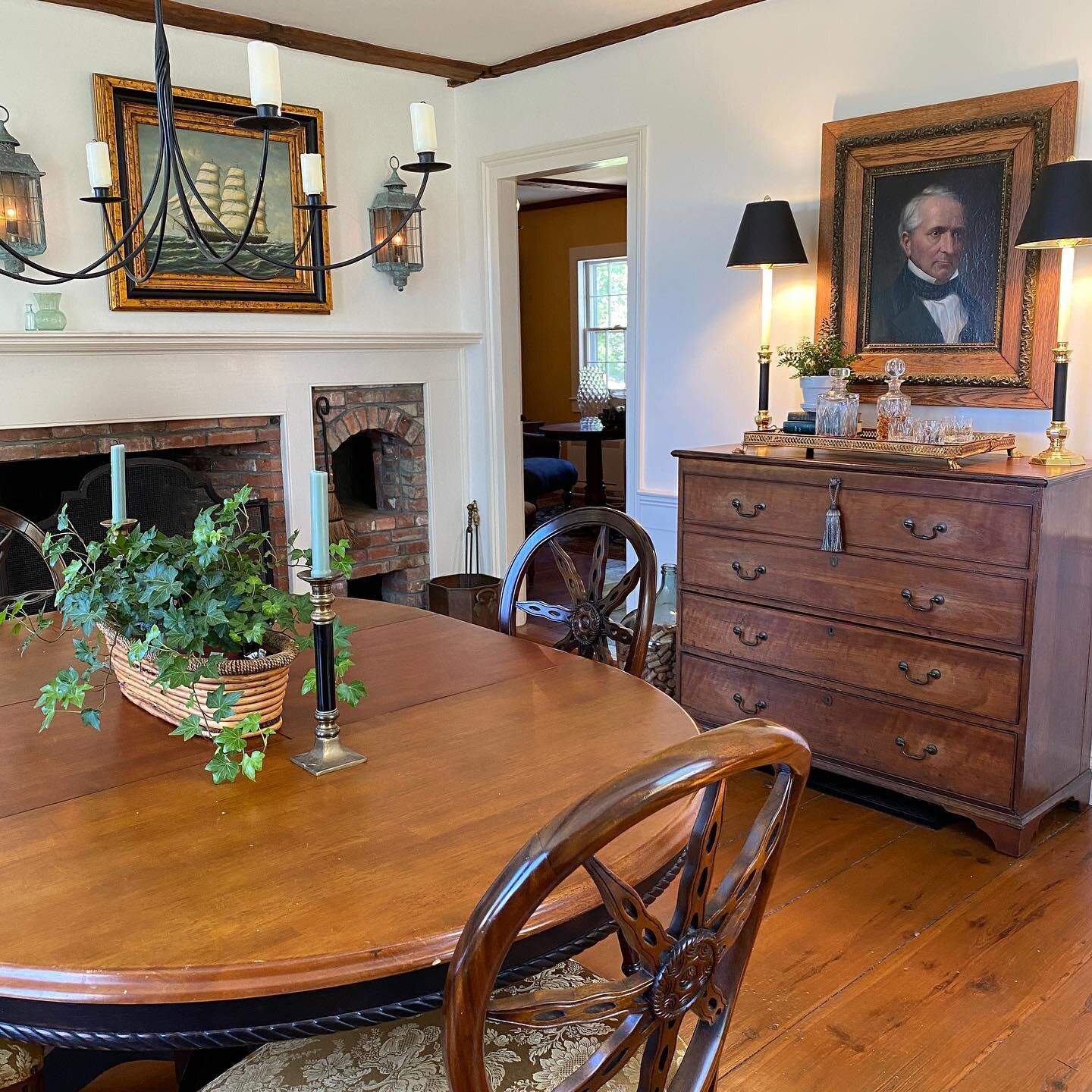 Horacio Haskell, an adopted ancestor with a made up name, was moved to the dining room for awhile. He requested a better view of the outside. #antiqueoilpainting #newenglandinteriordesign #newenglandstyle #newenglandinterior #newenglandcharm #antique