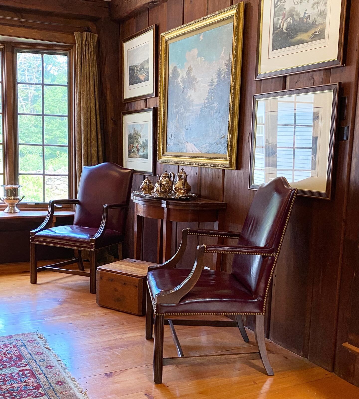 My latest finds at a resale shop. Two leather Chippendale chairs by Hickory Chair and an antique box that has a soft-worn patina that stopped me in my tracks. Once again I purchased them for resale, but they look perfect in our great room. It&rsquo;s