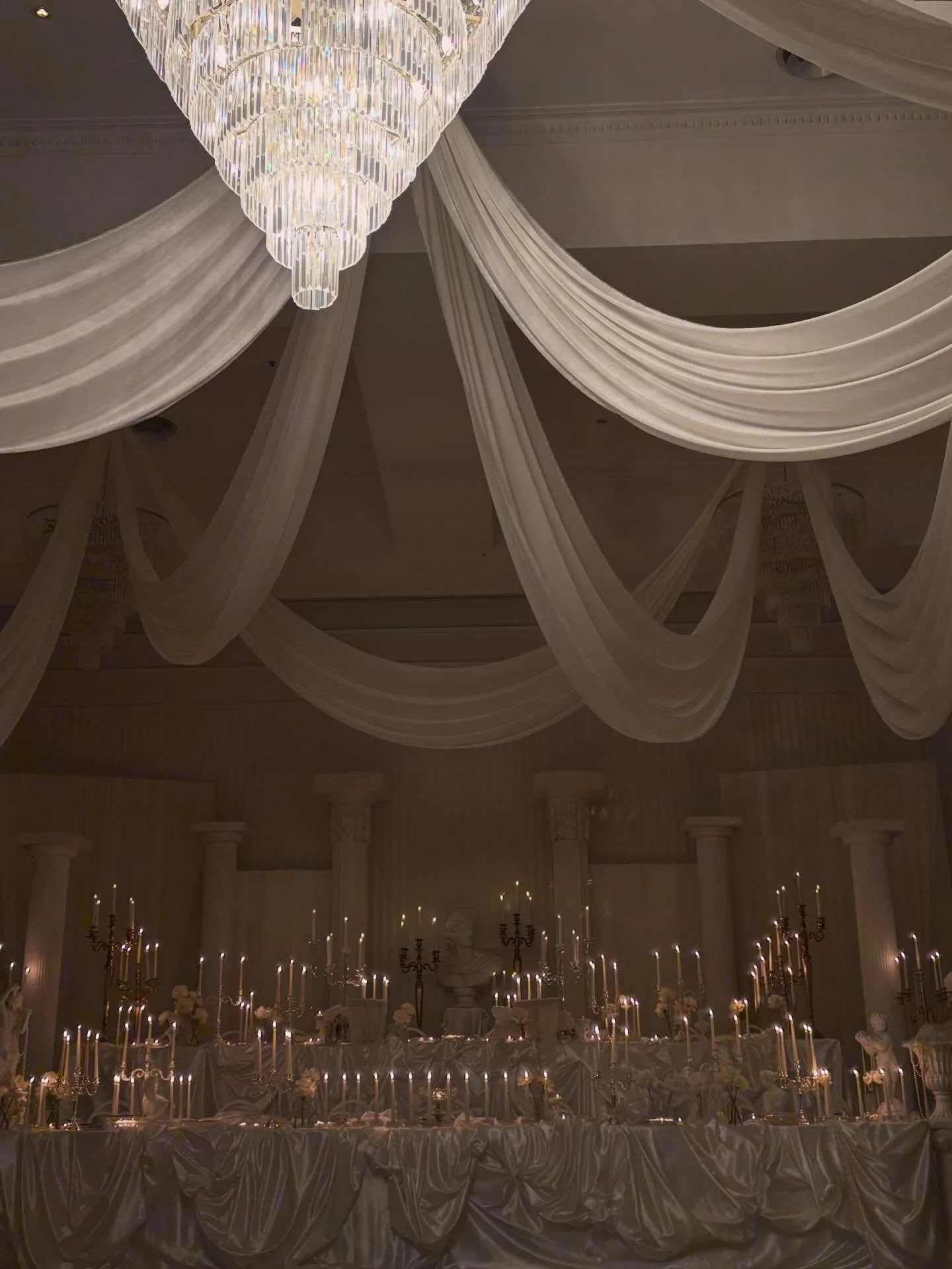 Majestic goddess @kristy.ristevska asked for a fully styled design, layered, chic &amp; utterly timeless. 
Dramatic in its detailed simplicity, each element repeats endlessly throughout the scene, candle laden &amp; dripping with majesty. 

Bride @kr