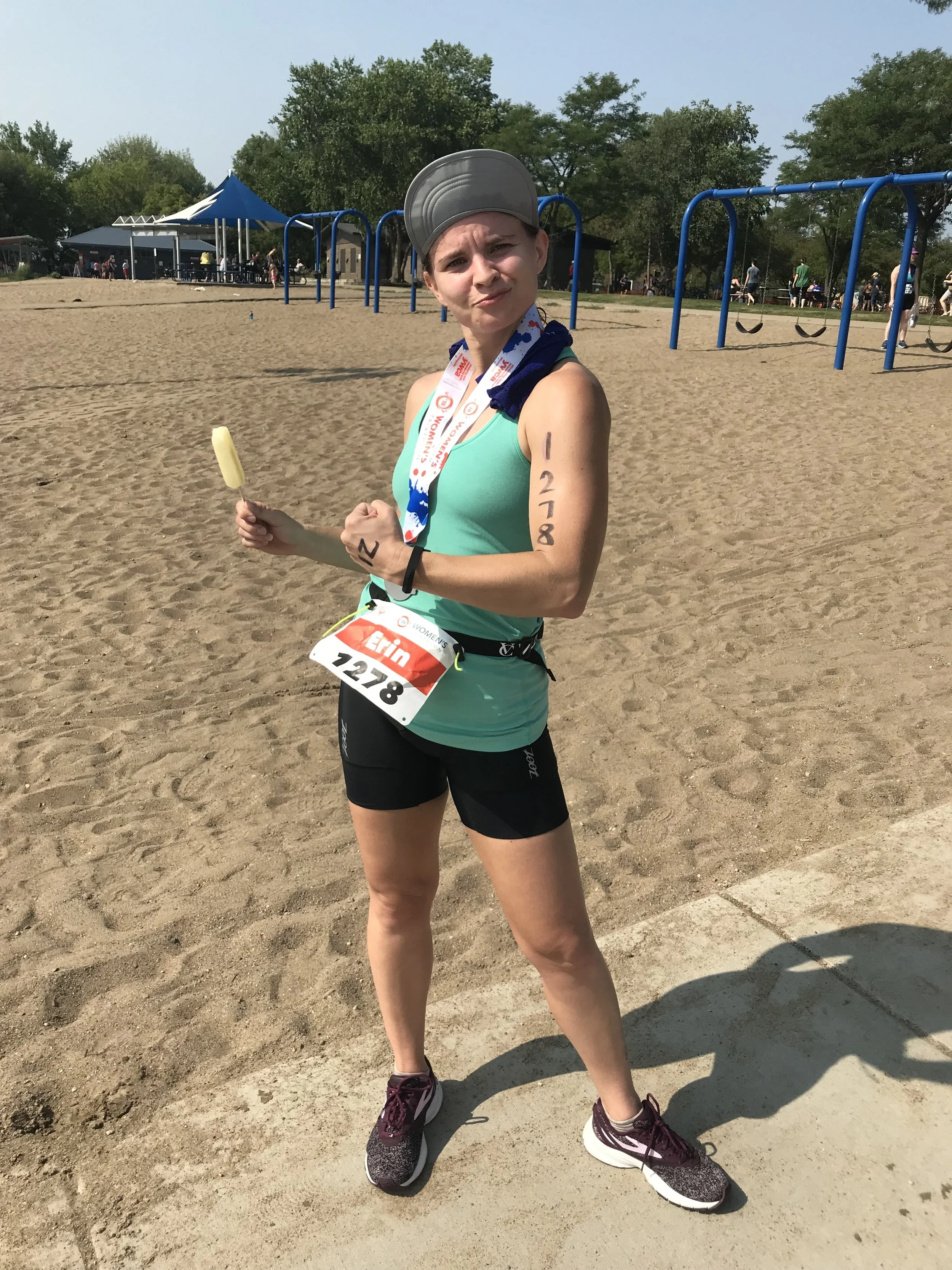 Me with my celebratory popsicle after I crushed my triathlon. 