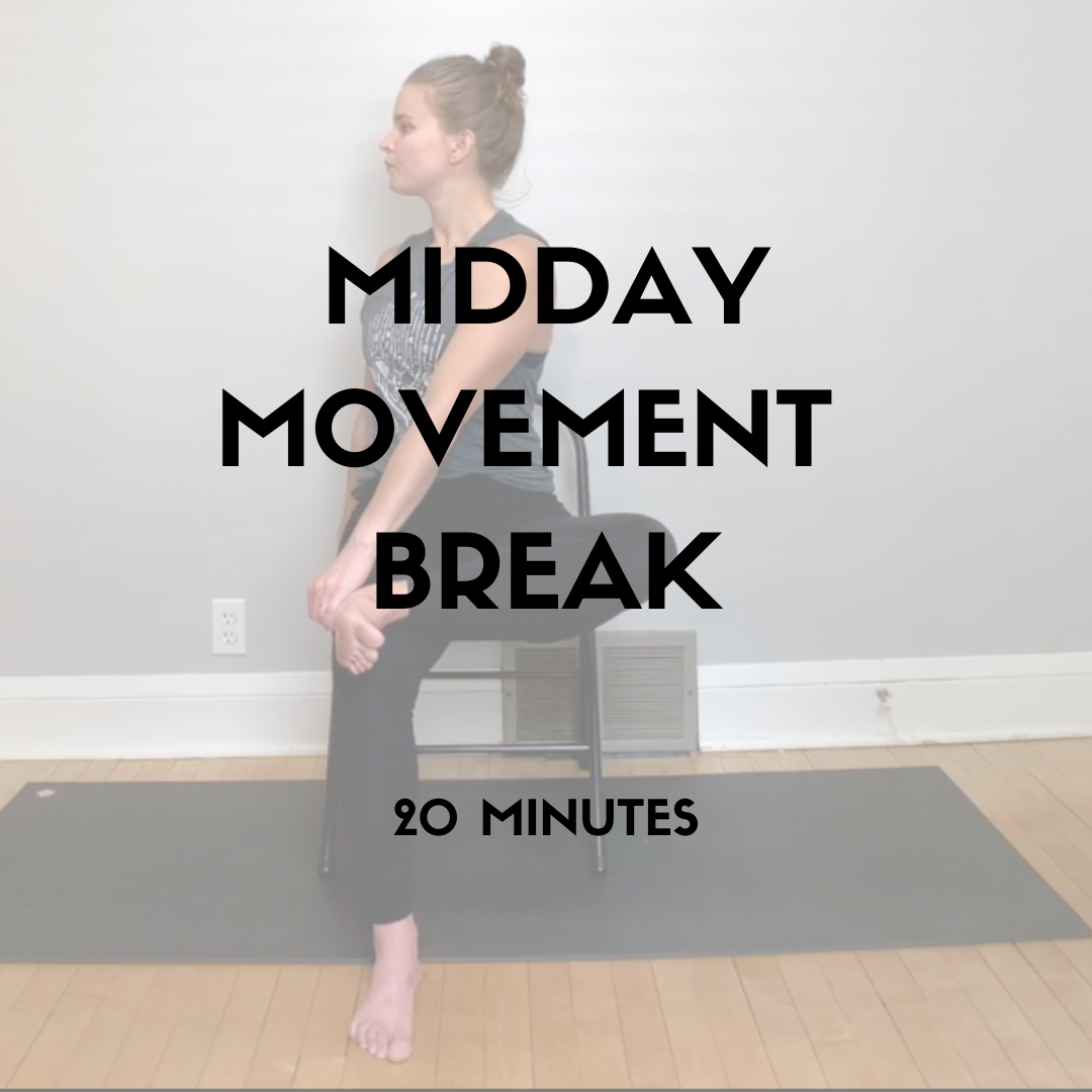  Been sitting in your chair all day? Need to move your body for a little bit? Give yourself a midday movement break!   No fancy mat or yoga props are needed for this practice. All you need is a chair and 20 minutes to move your body and breathe.  Rec
