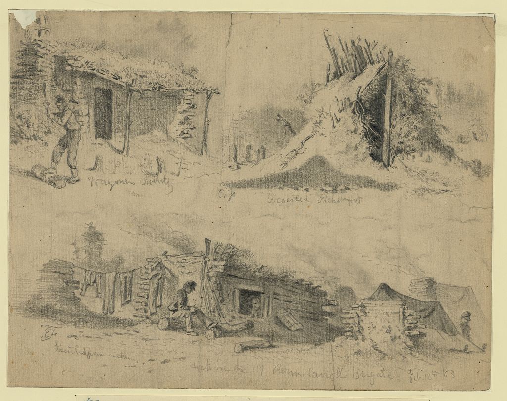 "Soldiers' huts in winter camp," drawn by Edwin Forbes, available through Library of Congress Prints & Photographs Division.