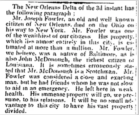 coincidentally, news of Joseph Fowler's death APPEARED in the Alexandria Gazette on September 13, 1850.