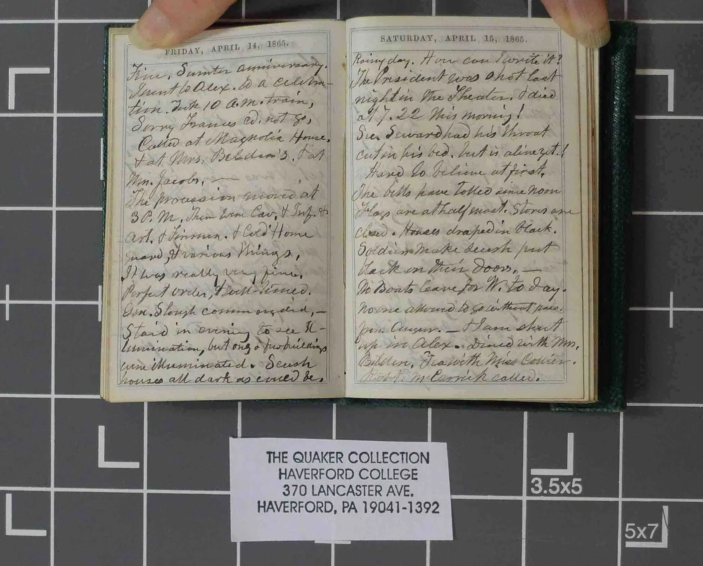 Julia Wilbur's diary record some of her experiences on April 14 and 15, 1865. President Lincoln was shot the night of April 14.