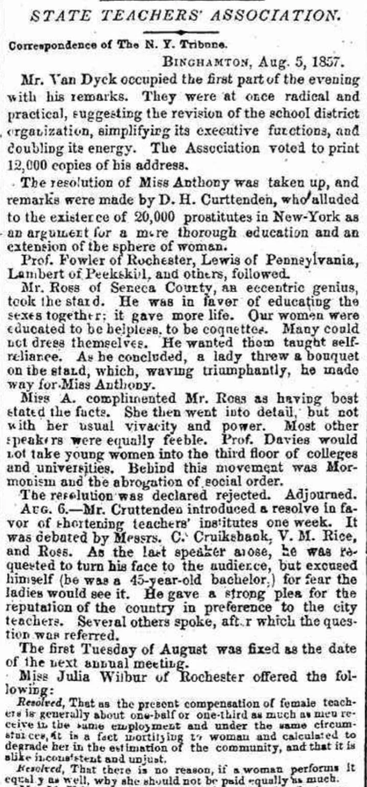 This article details the resolutions proposed by Julia Wilbur, supported by Susan B. Anthony.. It did not go in their favor.