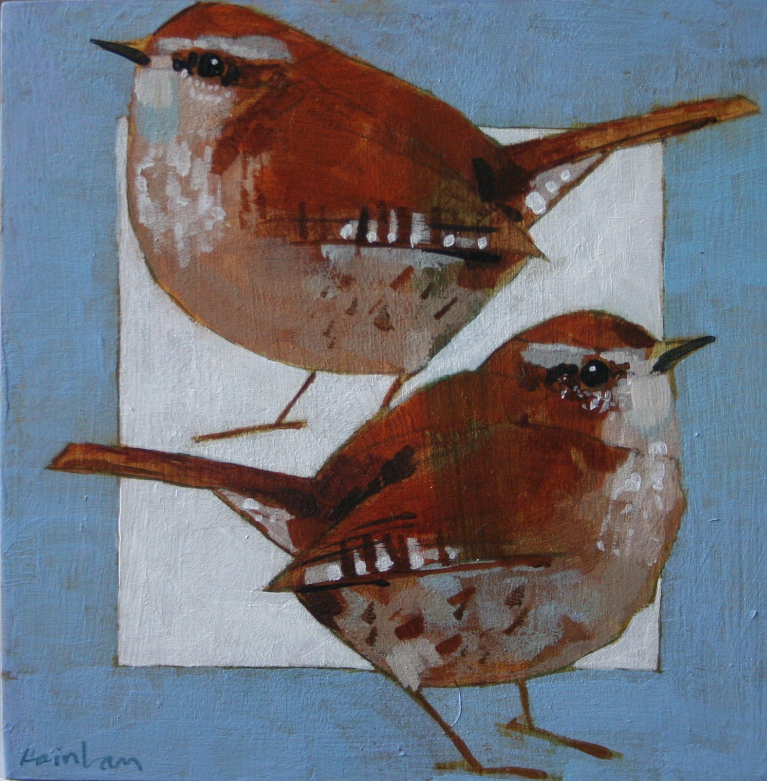 Christopher Rainham Two Wrens on White Square 10x10cm acrylic on board £100.JPG