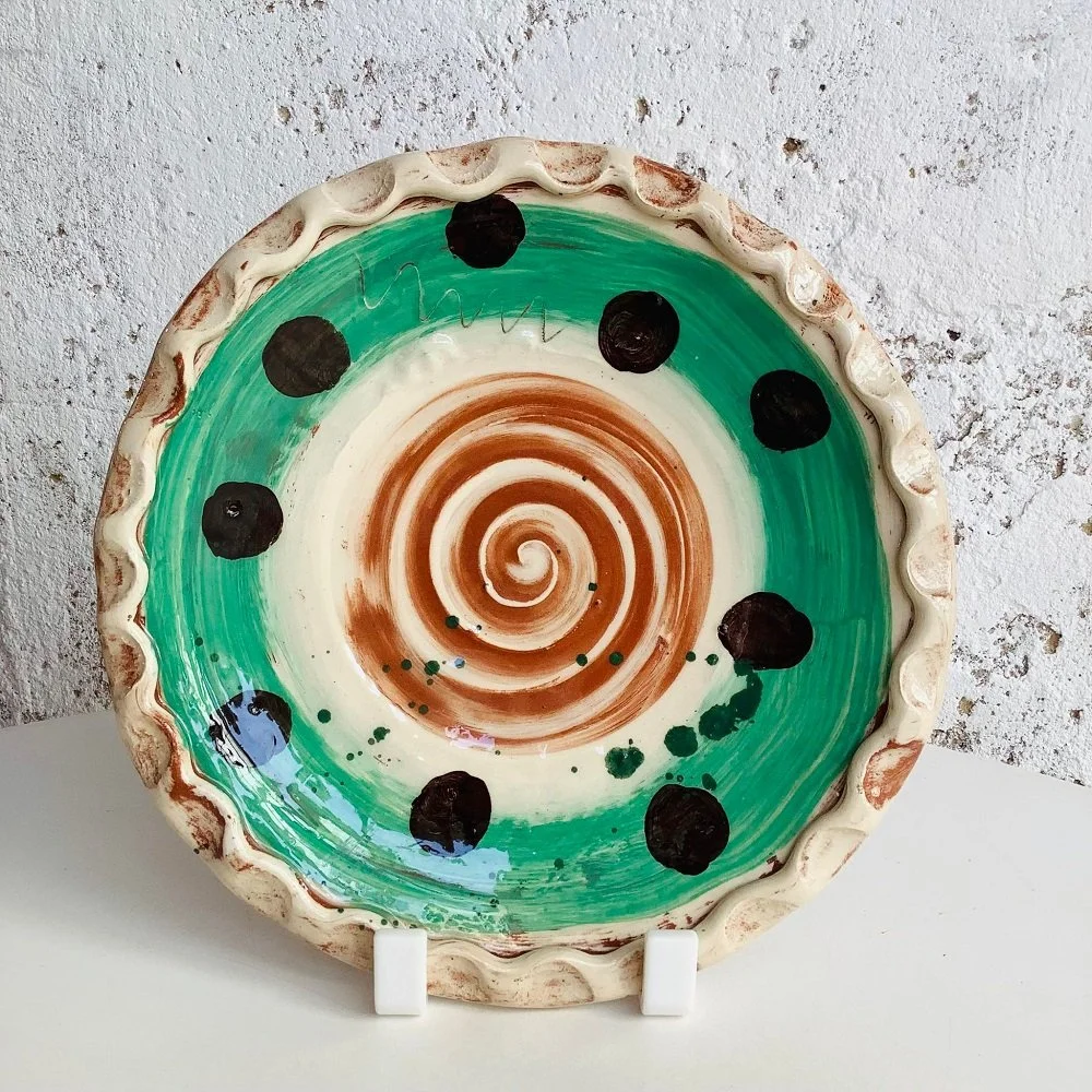 Pie crust side plate in green with brown dots by sarah monk ceramics HCA.jpg