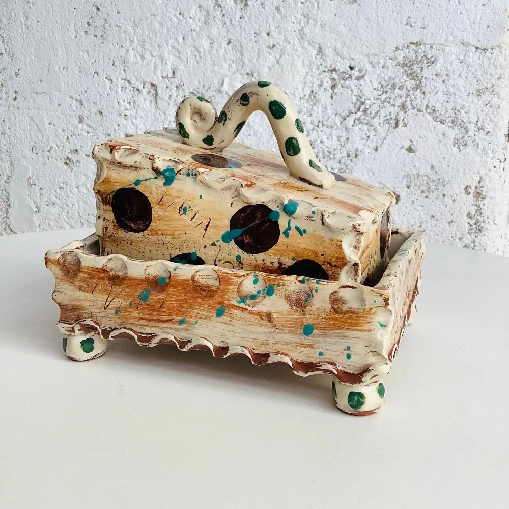Slab built butterdish in light brown with dark brown dots by Sarah Monk Ceramics HCA.jpg