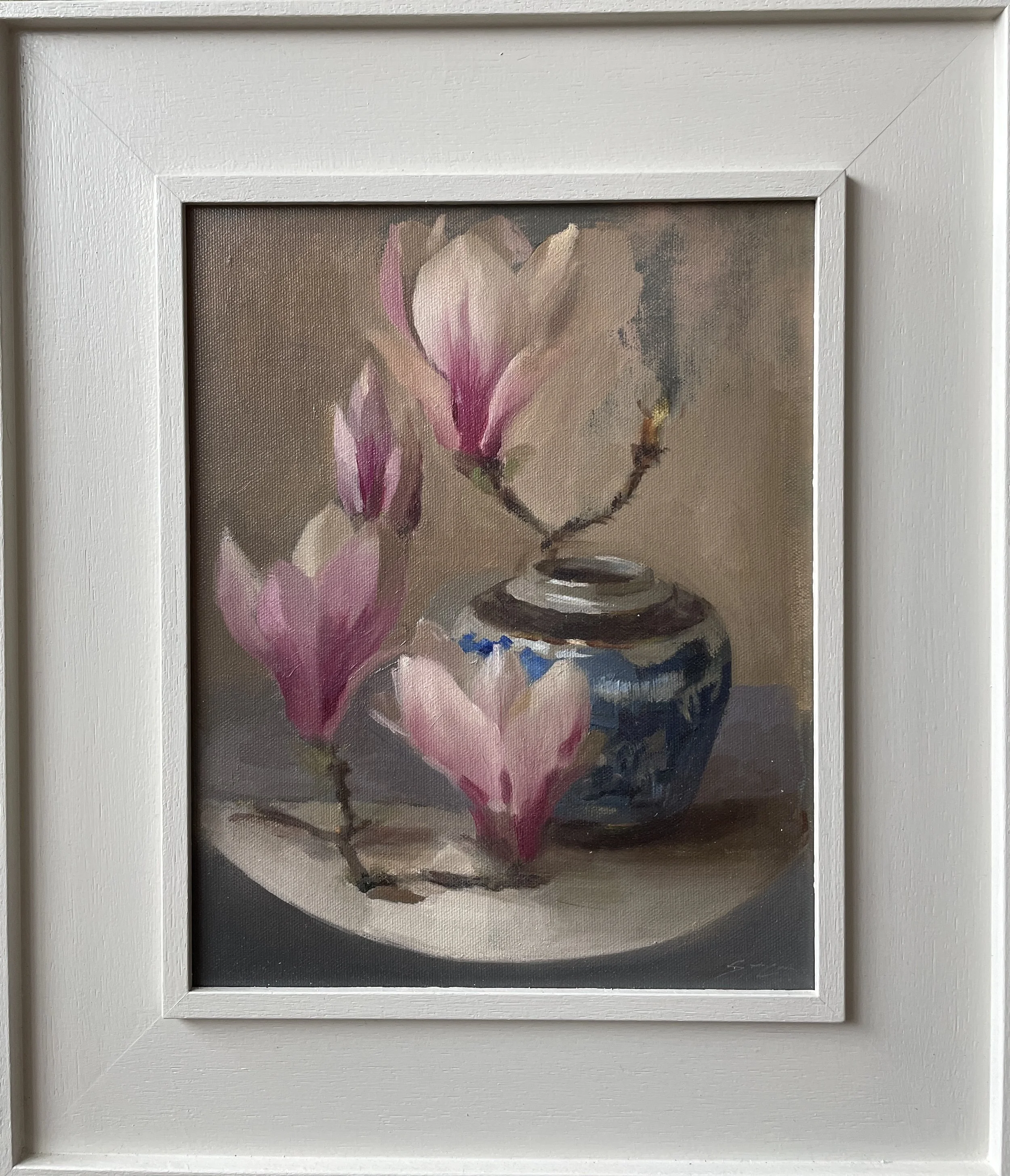 3 Magnolias & Blue Ceramic, oil on ampersand panel, framed size 44 x 38cm (image size 29 x 23cm) £ 390 framed image .jpg