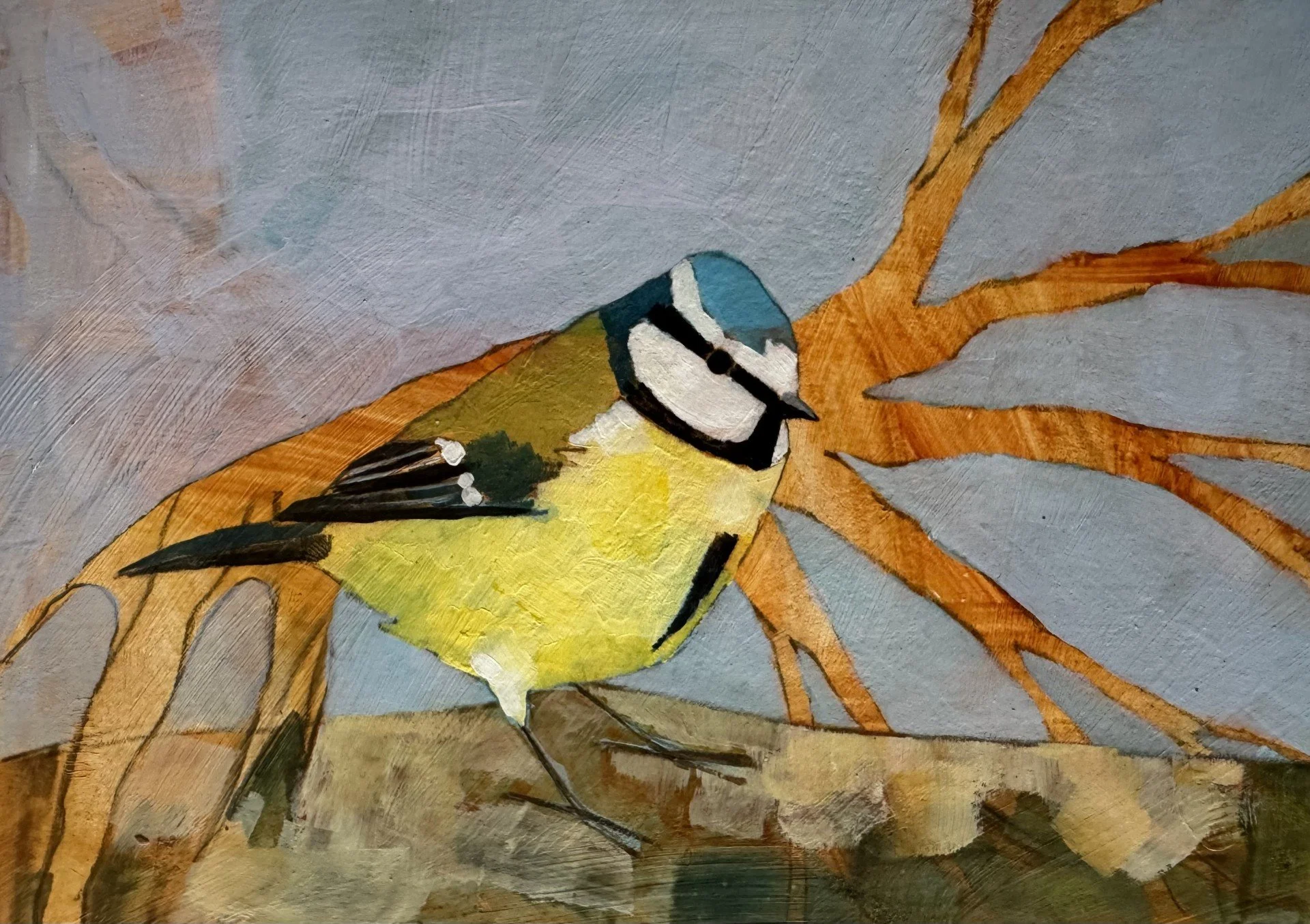 Christopher Rainham BlueTit(fallen tree) 12x17cm acrylic on 300gm paper £100.jpg