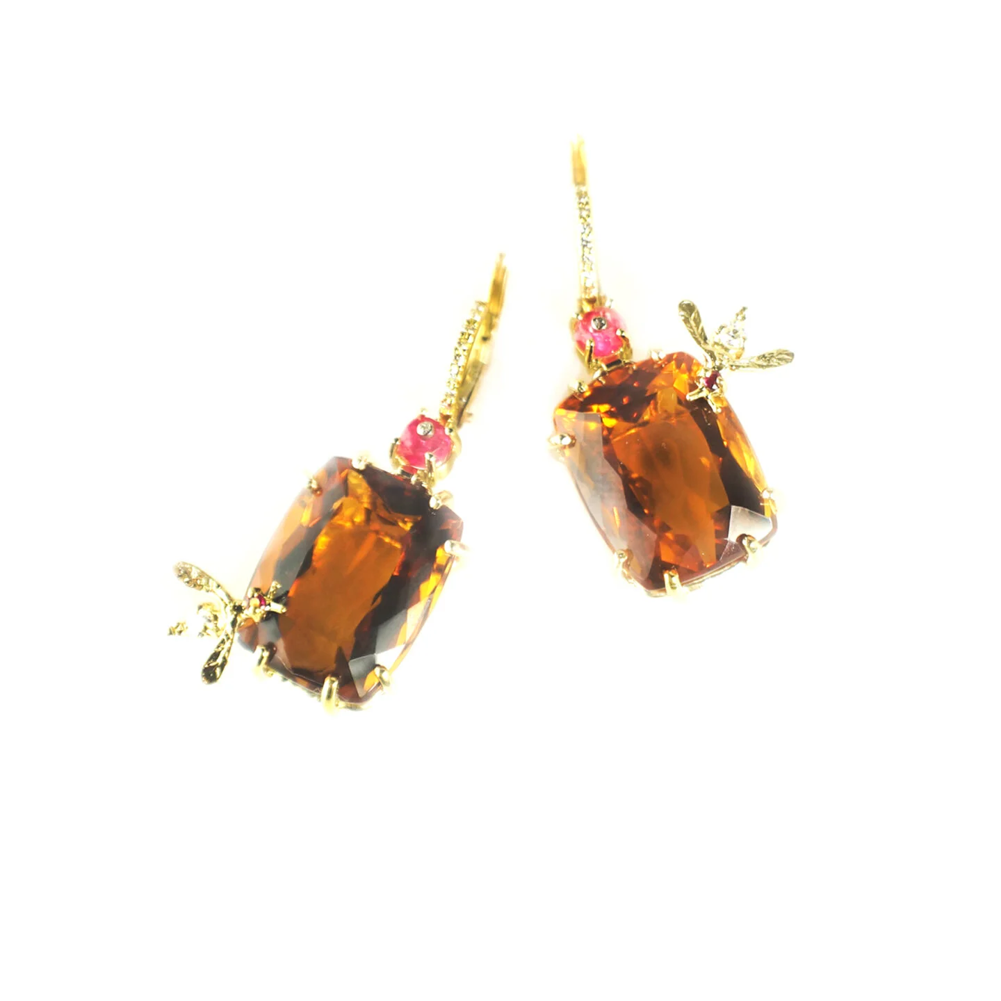  Citrine and Spinel Bee Earrings   $10,400.00      A pair of cushion-cut citrine earrings, each suspended via a white  diamond encrusted earwire via a red spinel that has been set with a white diamonds, in eighteen-karat yellow gold.  A bumblebee, se