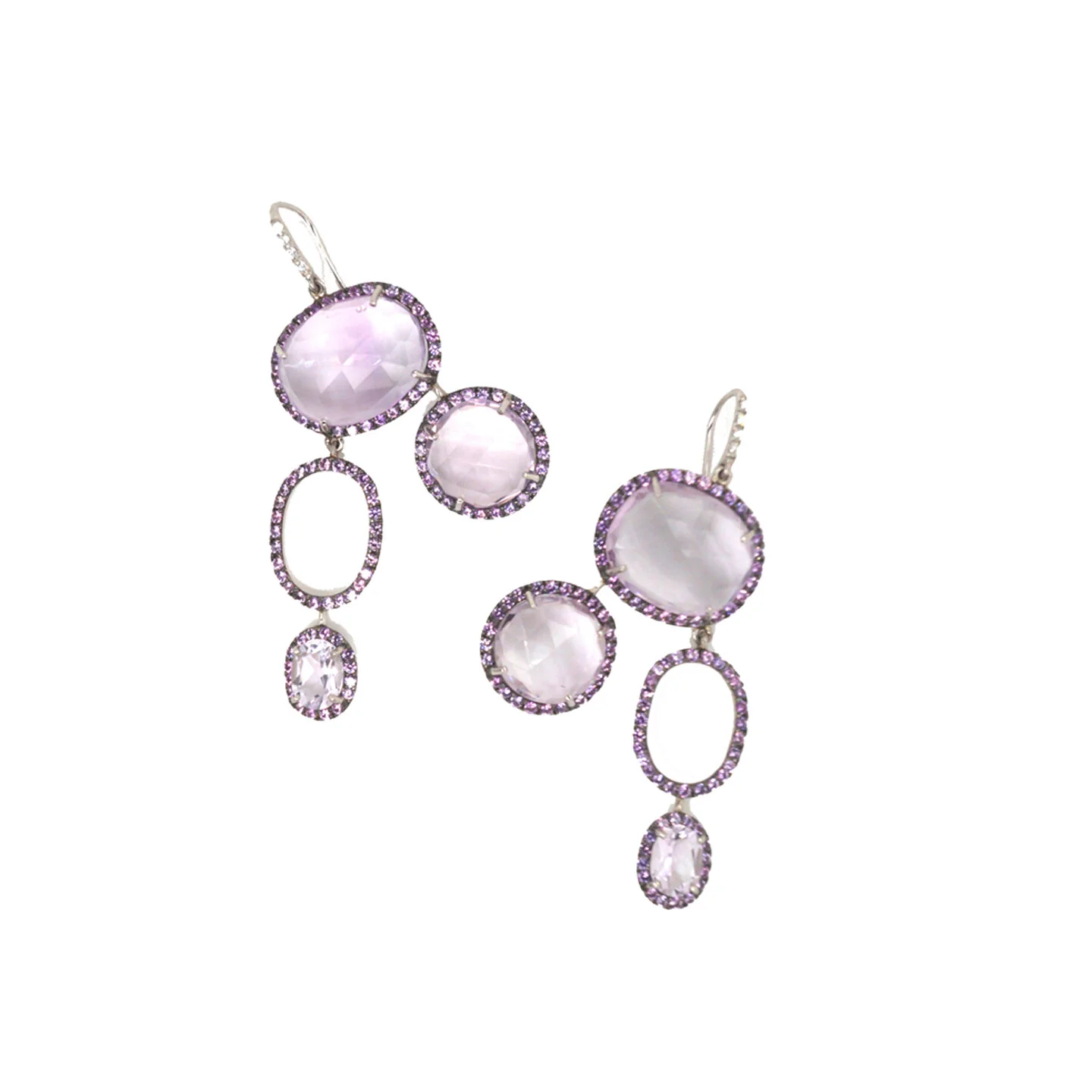  Cathy Chandelier Eardrops   $17,800.00    A pair of unusual eardrops set in platinum, each consisting of three rose-cut purple quartzes, each one surrounded entirely by amethysts. One additional ovular motif sits just below the initial purple quartz