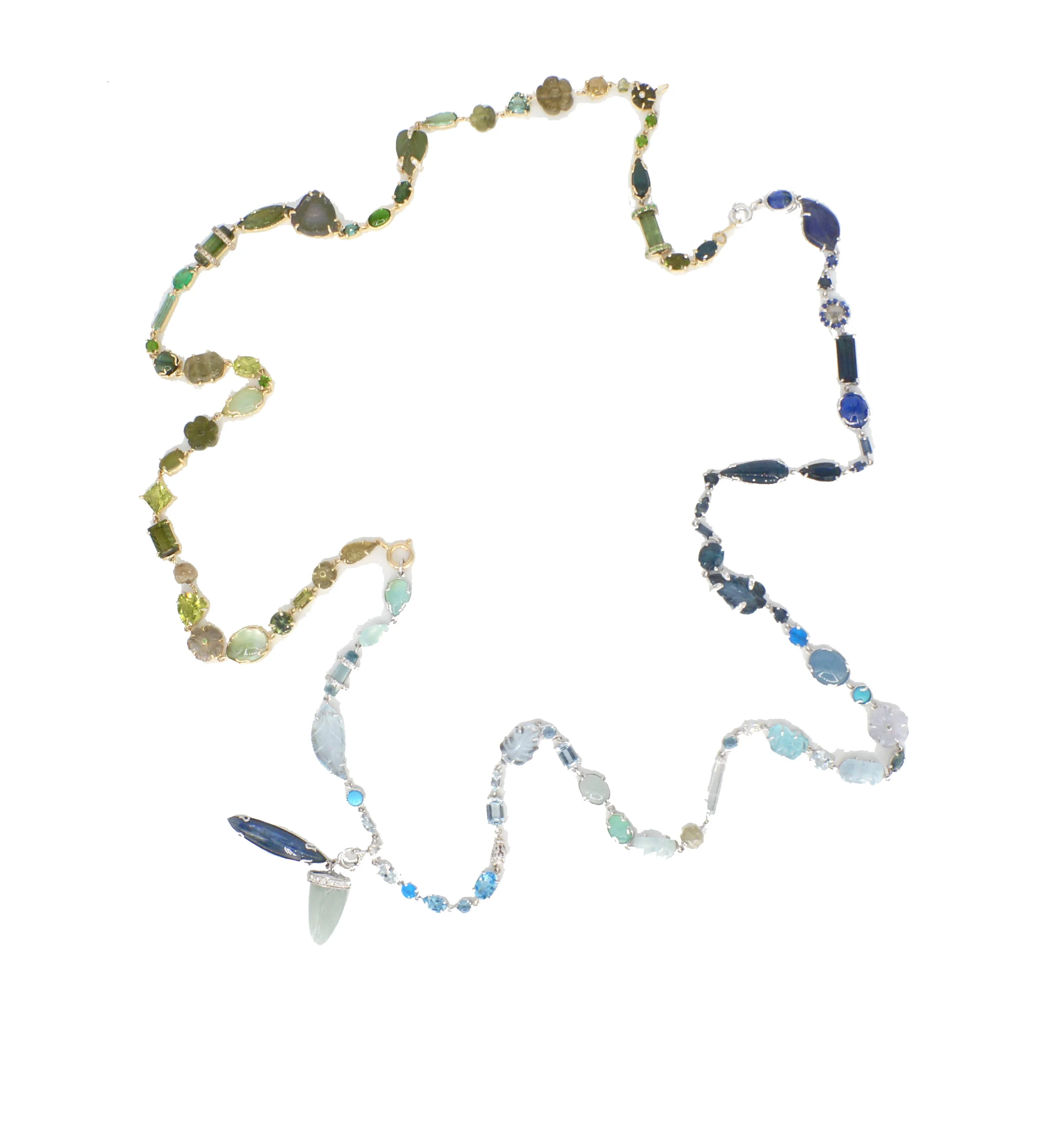  Blue Green Baby Necklace  $36,700.00      A 37 ½-inch multi-coloured gem and diamond necklace, completely flexible and hand-made in eighteen-karat white and yellow gold.  The philosophy of this piece has been based on harmony; the ability of differe