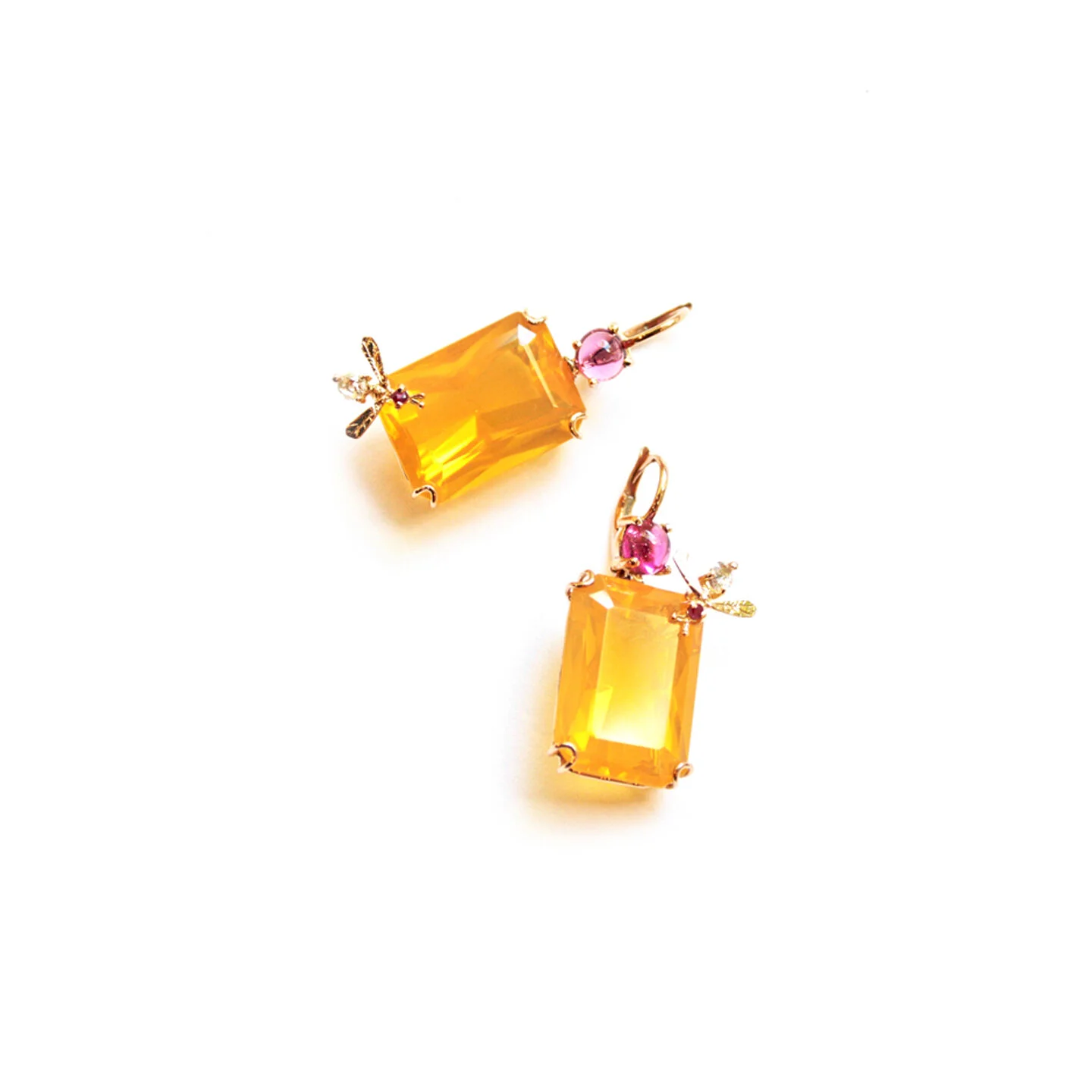  Fire Opal &amp; Rubellite Bee Earrings    $9,600.00      A pair of faceted emerald-cut fire opal earrings, each set with a round rubellite and set in eighteen-karat pink gold.  A bumblebee, set with a round facetted pink sapphire and a round faceted