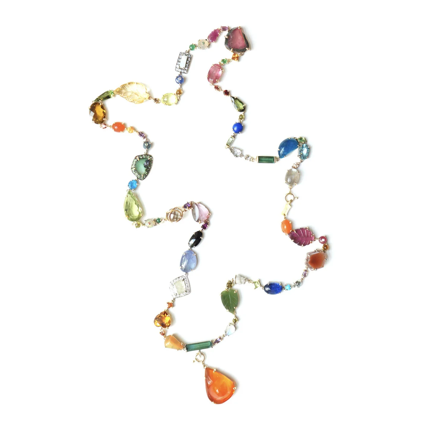  Multi Baby Necklace  $23,850.00      A 22.5-inch multi-coloured gemstone and diamond necklace, entirely flexible and hand-made in different shades of eighteen-karat gold.  The philosophy of this piece has been based on harmony; the ability of differ