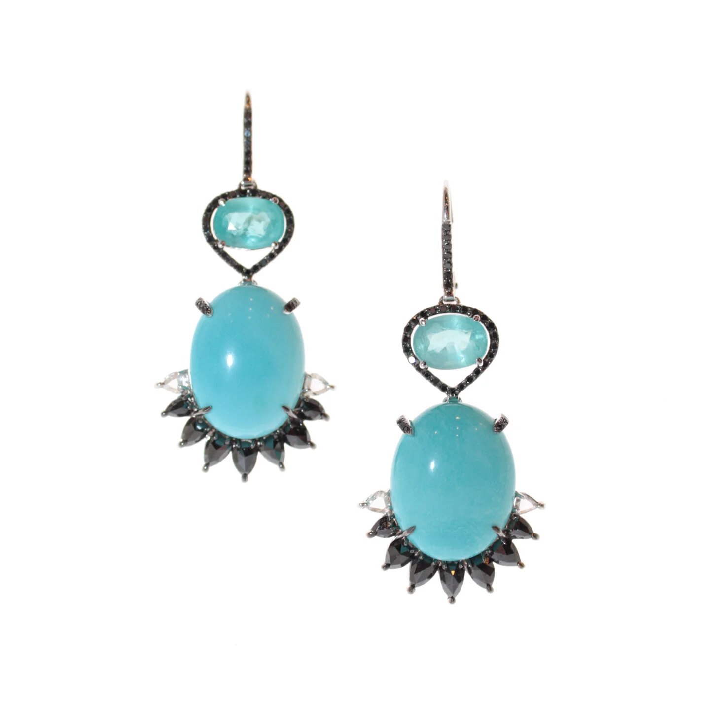  Natta Eardrops    $7,400.00      A pair of eighteen-karat white gold eardrops, suspended from black diamond-encrusted earwires.  Directly below is the first motif, an ovular, facetted apatite, surrounded with a "v" of black diamonds.  The second and