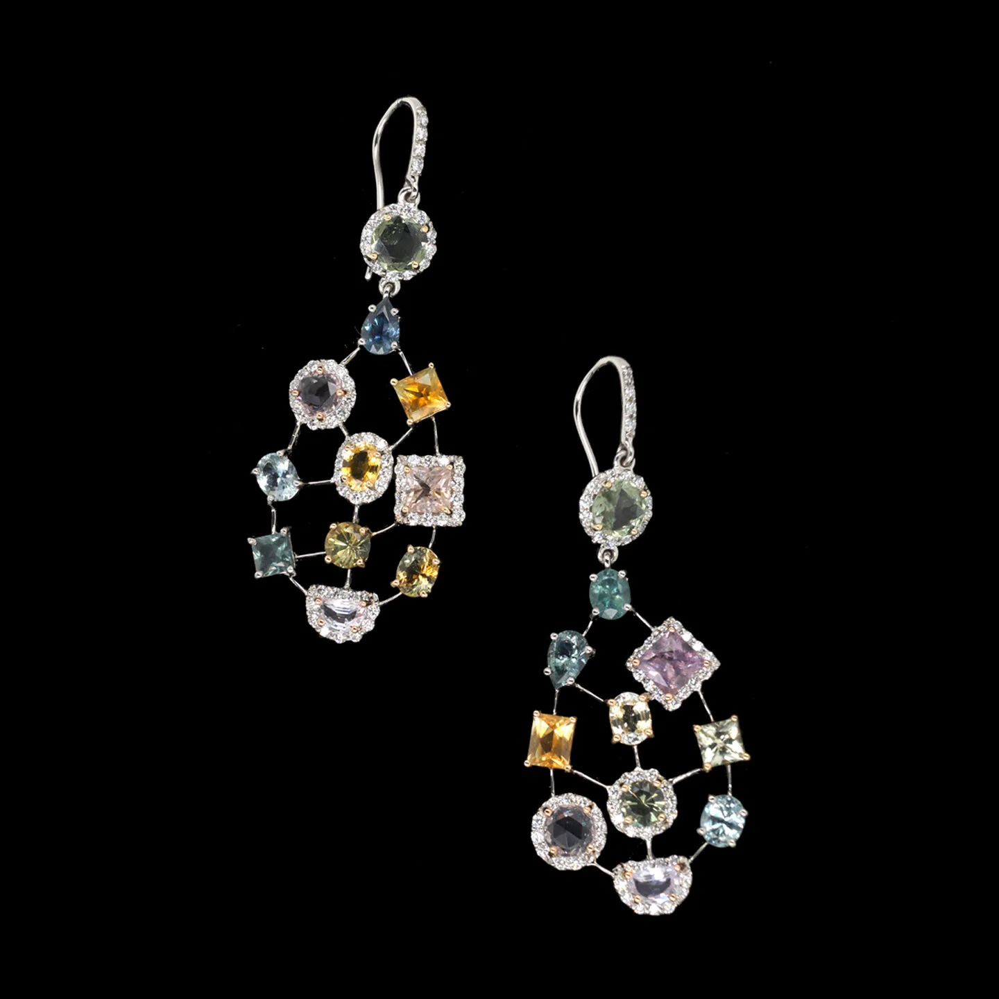  Montana Sapphire Shasta Earrings  $23,800.00      A pair of platinum and eighteen-karat multi-coloured gemstone eardrops composed of two motifs.  The top motif is a round rose-cut green sapphire encircled with white diamonds.  The bottom motif has b