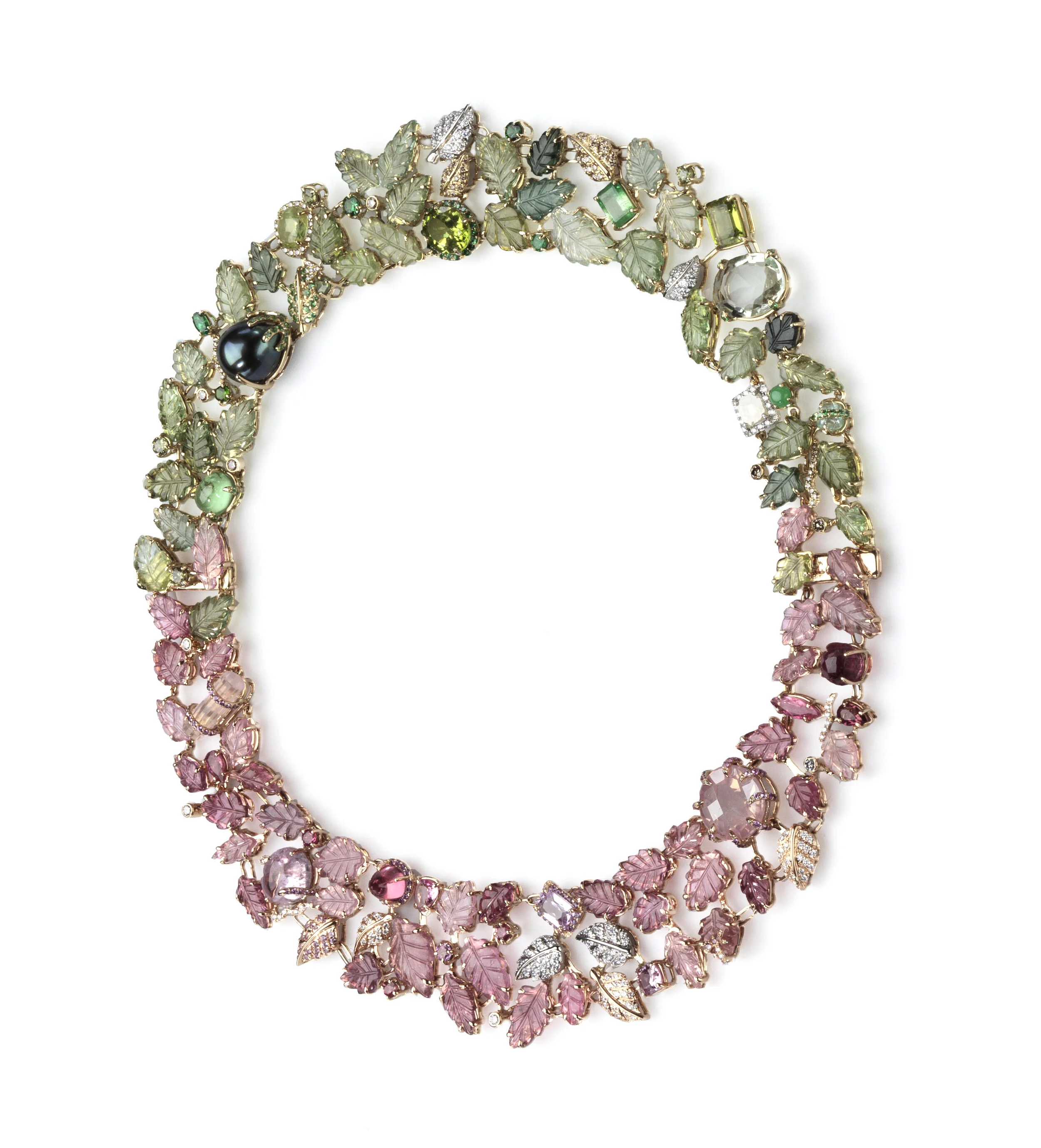  Mille Feuilles Necklace   $71,000.00      A convertible necklace set in eighteen-karat rose and yellow gold, along with platinum, featuring a collection of carved tourmaline leaves, accented by a variety of multi-coloured gemstones and one magnifice
