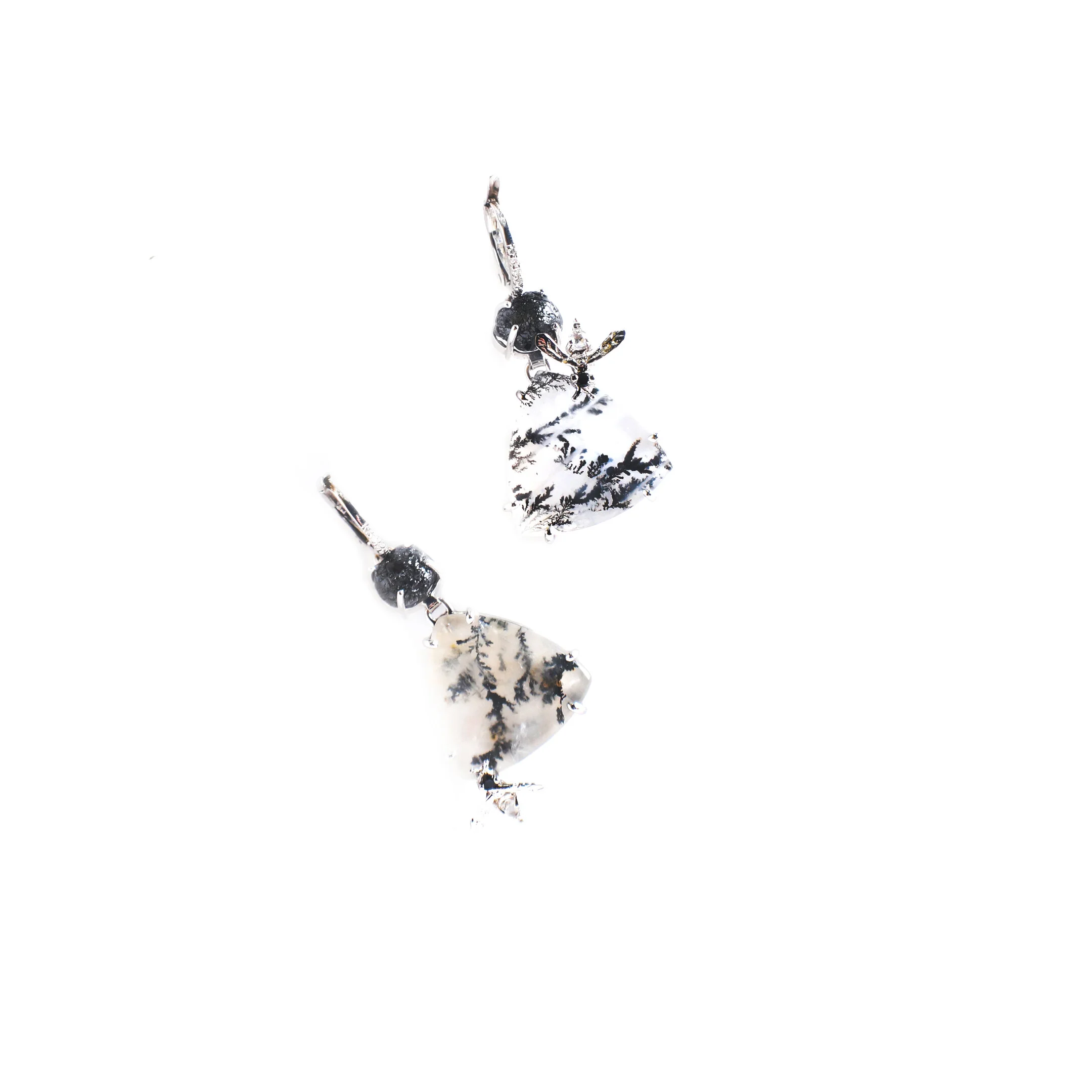  Dendritic Quartz and Rough Diamond Bee Earrings     $9,600.00     A pair of cabochon dendritic quartz and rough black diamond earrings, set in eighteen-karat white gold.  A bumblebee, set with a round faceted black diamond and a round faceted white 