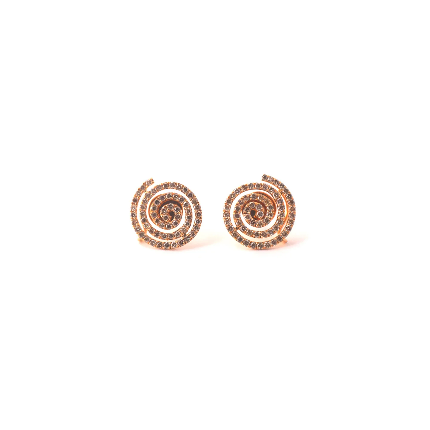  Brown Diamond Swirl Studs   $5,400.00      A pair of eighteen-karat rose gold earrings each made up of a concentric swirl of brown diamonds.  These earrings feature a hook attachment on the back from which a drop can be suspended.     This piece is 
