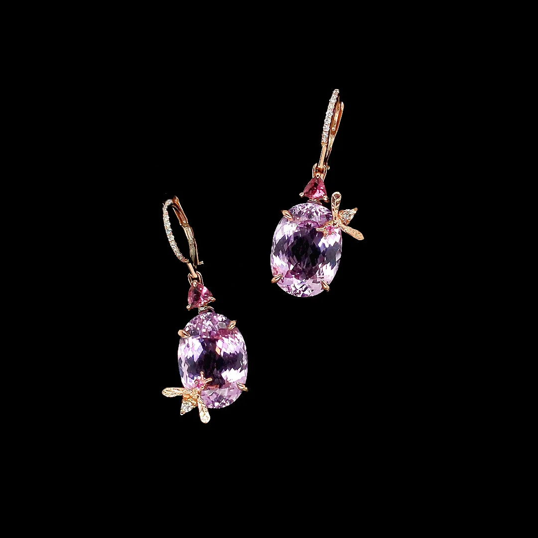  Pink Amethyst and Pink Sapphire Bee Earrings   $11,600.00      A pair of oval faceted pink amethyst and pink sapphire earrings, set in eighteen-karat rose gold.  A bumblebee, set with a round faceted pink sapphire and a round faceted white diamond, 