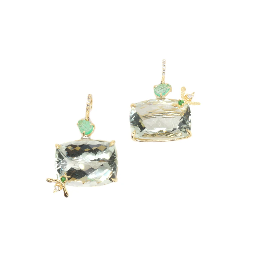  Green Quartz and Emerald Bee Earrings    $11,700.00     A pair of cushion-cut green quartz and carved emerald earrings, set in eighteen-karat yellow gold.  A bumblebee, set with a round faceted tsavorite garnet and a round rosecut white diamond, has