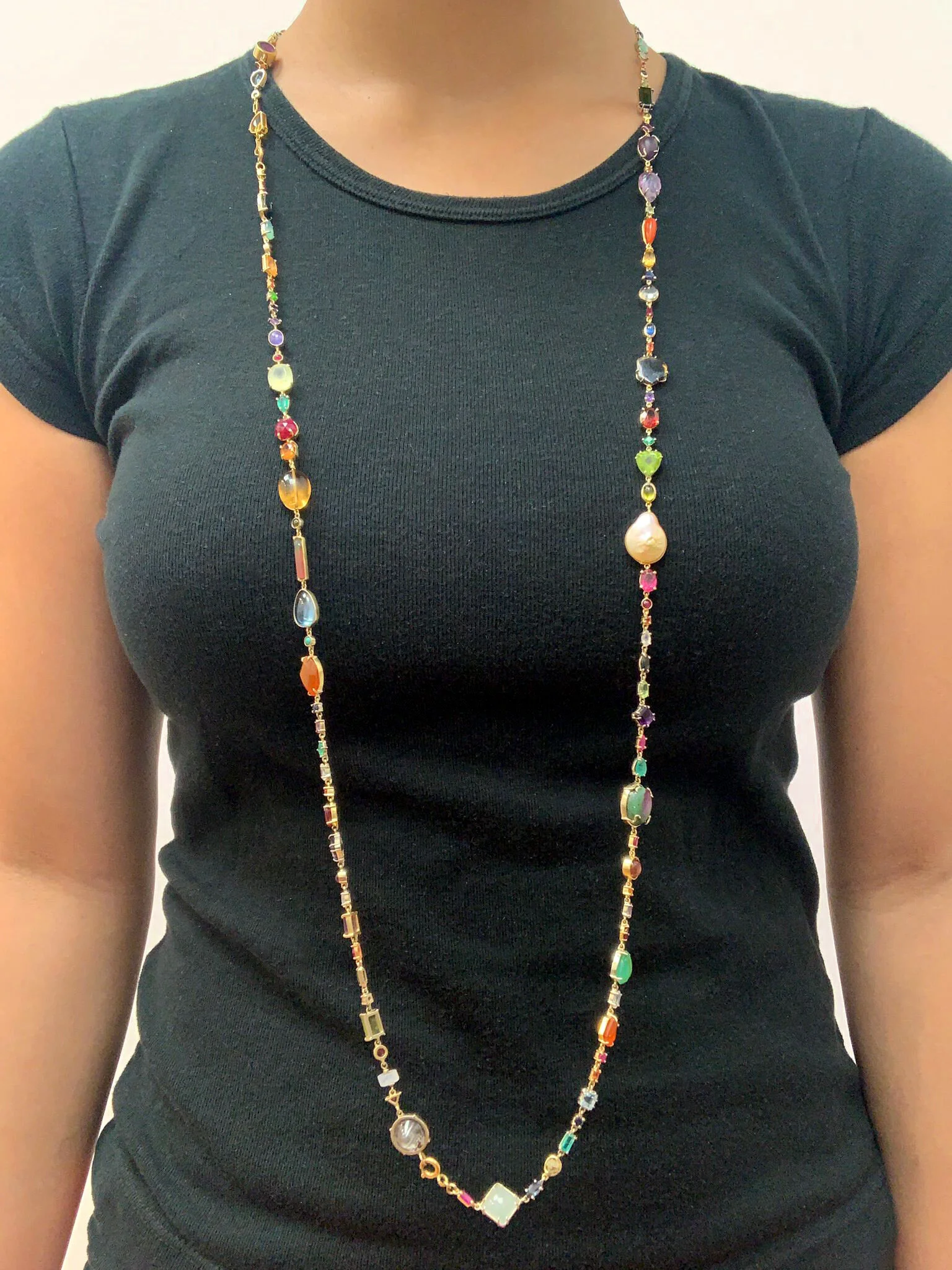  For a dramatic look, I like to wear my Baby Necklace at its longest length. Light enough to not weigh me down as I go about my day and heavy enough to remind me that I'm wearing something unique, I love the playful movement it adds to my wardrobe. 