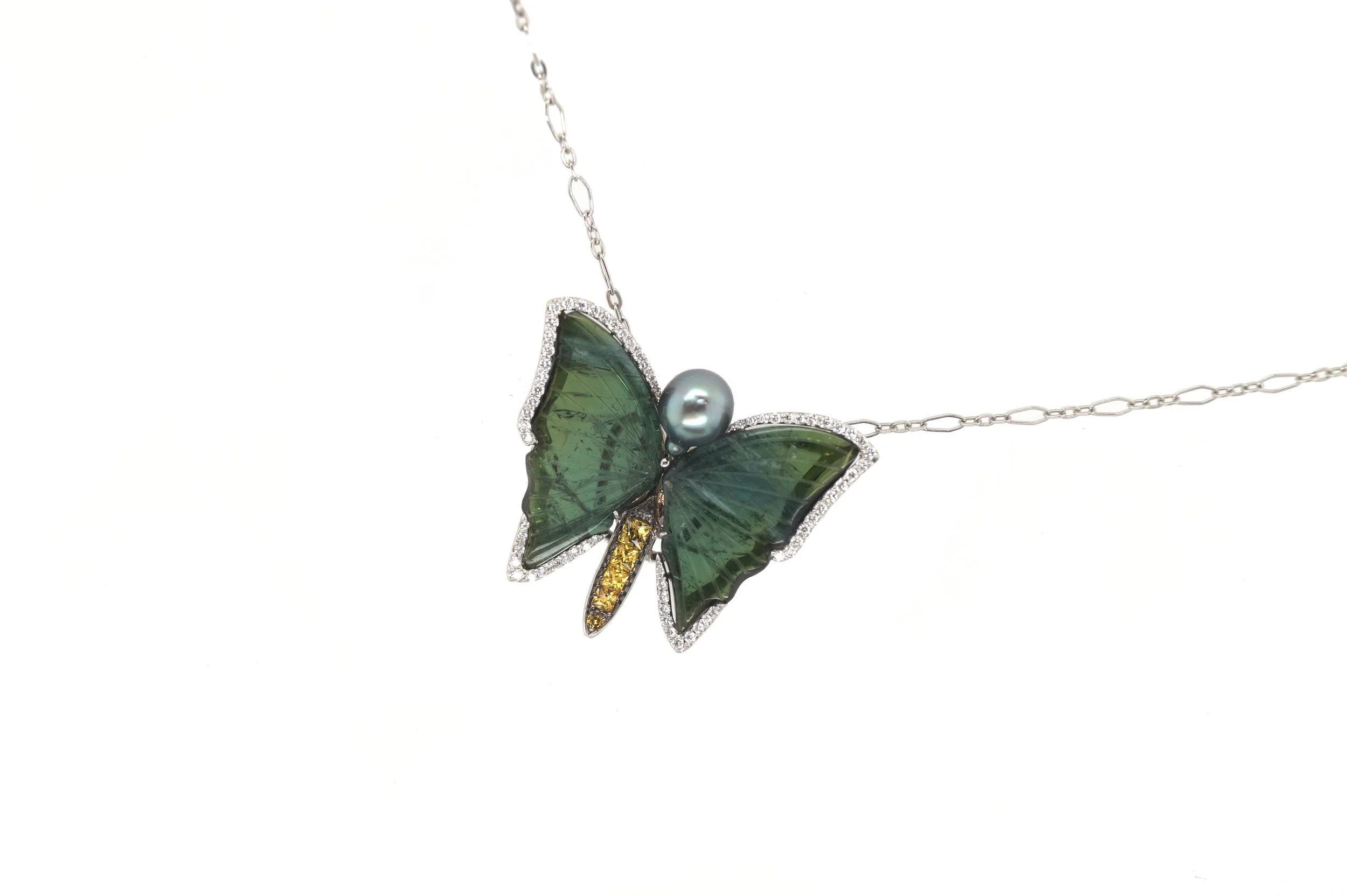Green Tourmaline, Tahitian Pearl, Yellow Sapphire, White Diamond Necklace - $15,200