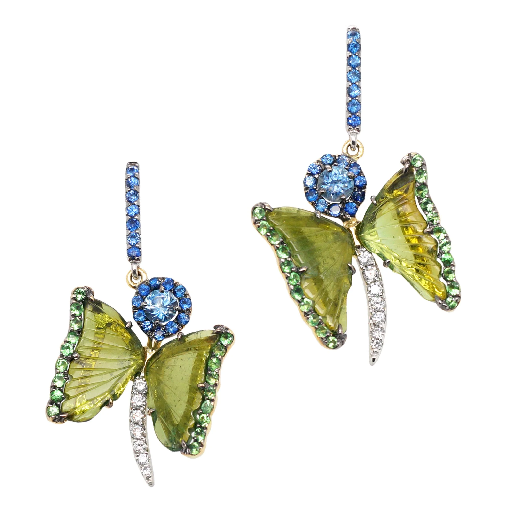 Green Tourmaline, Tsavorite, Blue Sapphire, White Diamond Earrings - $15,600