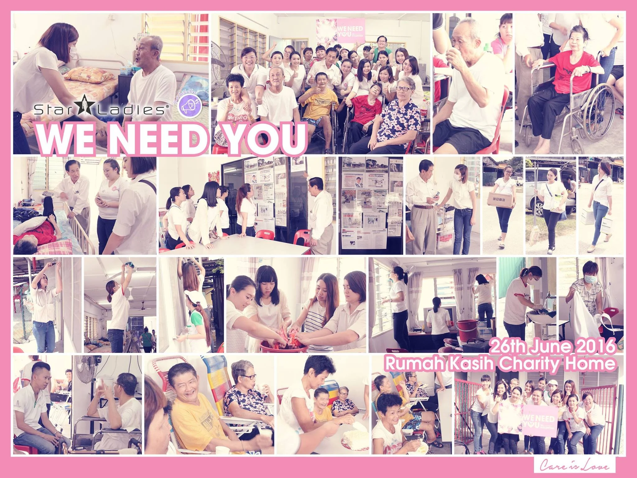 StarLadies Hope @ Rumah Kasih Charity Home | Care is Love. After 2 sessions of Hair For Hope Campaigns, this time StarLadies Hope paid a visit to Rumah Kasih Charity Home, and spent some time with the si ck elderly there. There were many activities carried out to bring a smile on their faces. StarLadies Hope helps in cleaning the house for them to ensure the cleanliness of the place and celebrate birthday of some residents together. Their smile of happiness warmth our heart. We really hope to come again next time! Till then, take care!