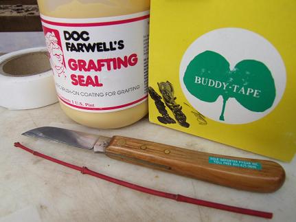   Here are the supplies that I use.&nbsp;     Medel Buddy Tape, which is 1" in length.&nbsp; I cut this in half. This tape is stretchable.   Doc Farwell's Grafting Seal.  Tina 685 right-handed grafting knife.  A 6 inch long healthy branch from a cult