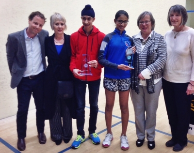 Left to right - Jamie Nicholls (Squash Ontario), Gail Crossman (Award Creator), Jagroop Bangoo (accepting on behalf of Amin Khan), Aparna Maheswari, Sandra Fanson , and Janice Lardner (Squash Ontario).