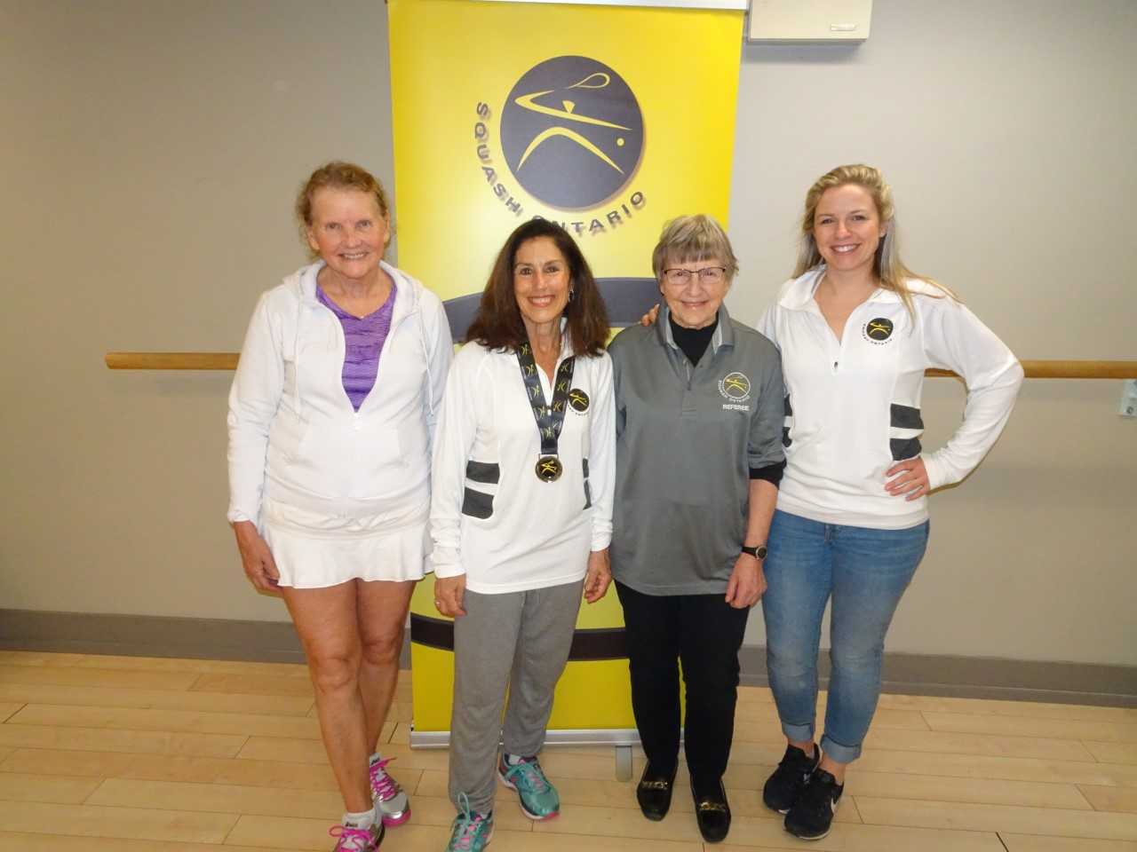 L-R: Christine Kogon, Marilyn Saltzman, Penny Glover, Squash Ontario's Lynsey Yates
