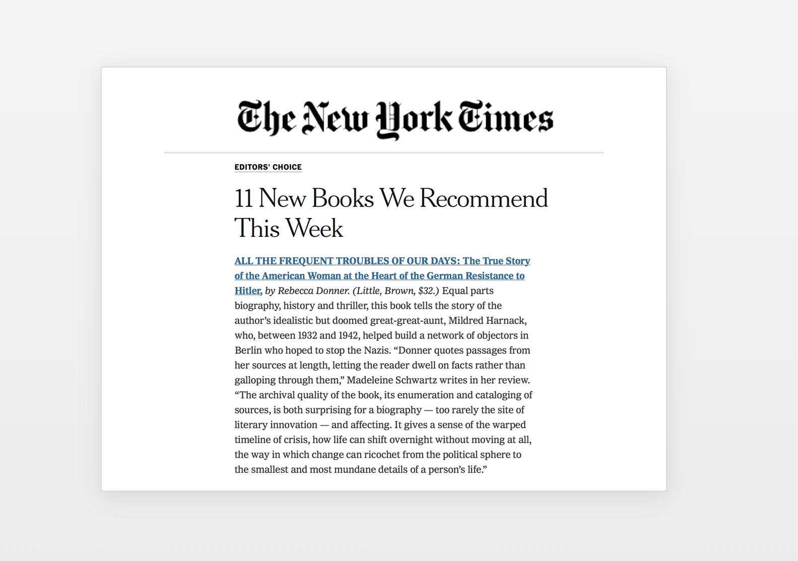 THE NEW YORK TIMES EDITORS' CHOICE (August 26)