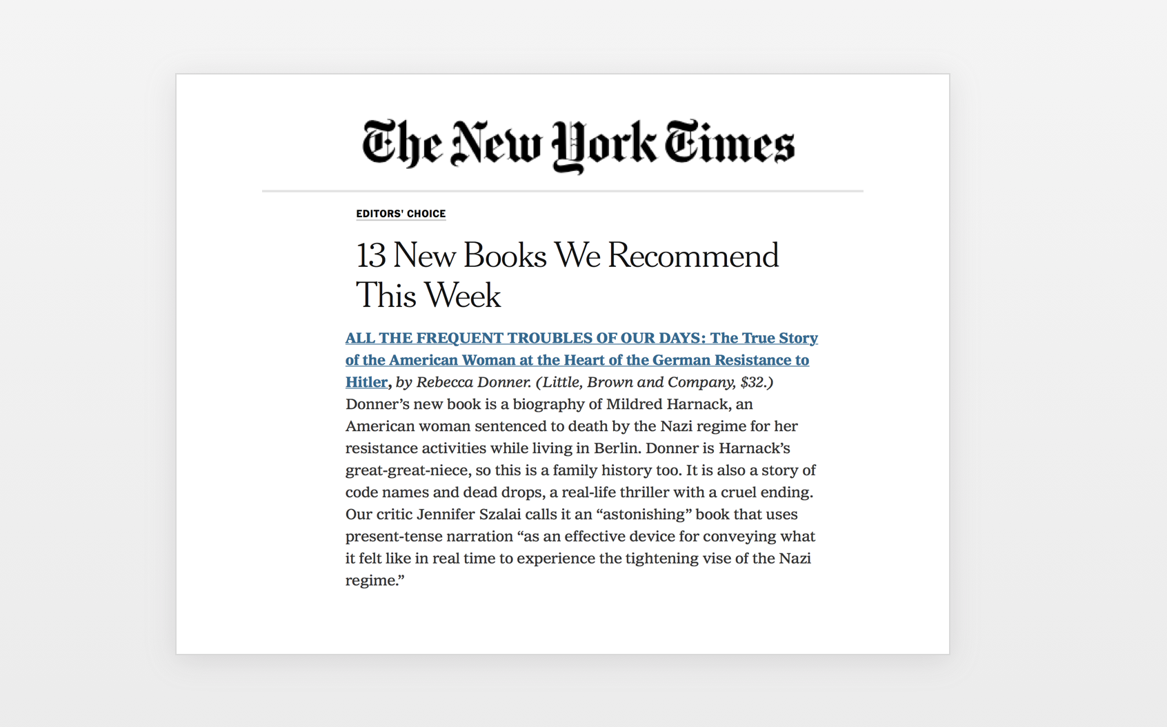 THE NEW YORK TIMES EDITORS' CHOICE (August 12)