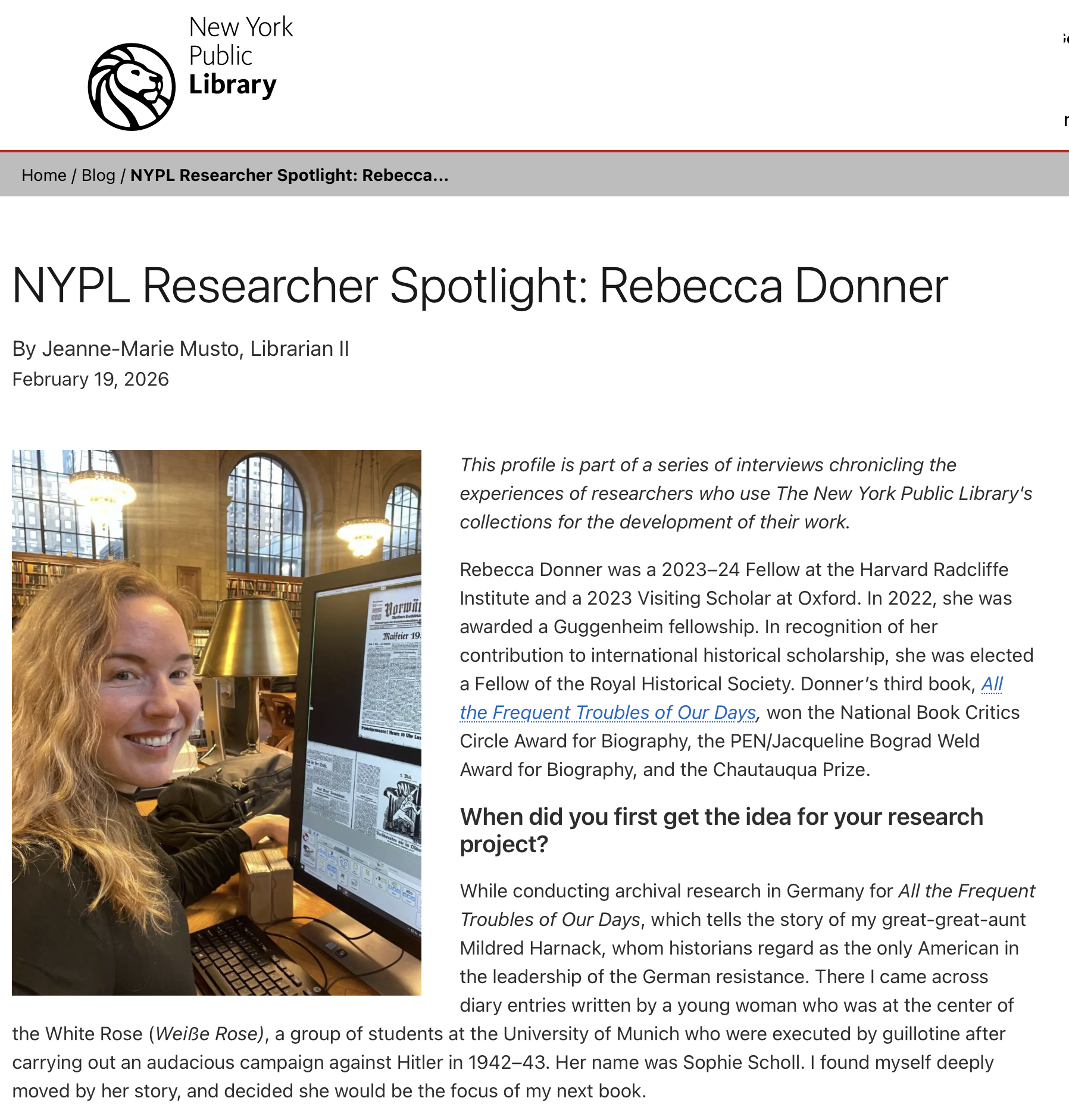 NEW YORK PUBLIC LIBRARY: Spotlight on Rebecca Donner 