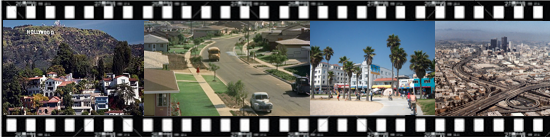 Reyner Banham's Four Ecologies of Los Angeles : (from left to right) the foothills, the flatlands (or "The Plains of Id"), Surfburbia, and the Freeway System.