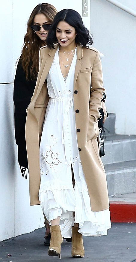 white-dress-maxi-tan-shoe-booties-camel-jacket-coat-necklace-vanessahudgens-fall-winter-brun-lunch.jpg