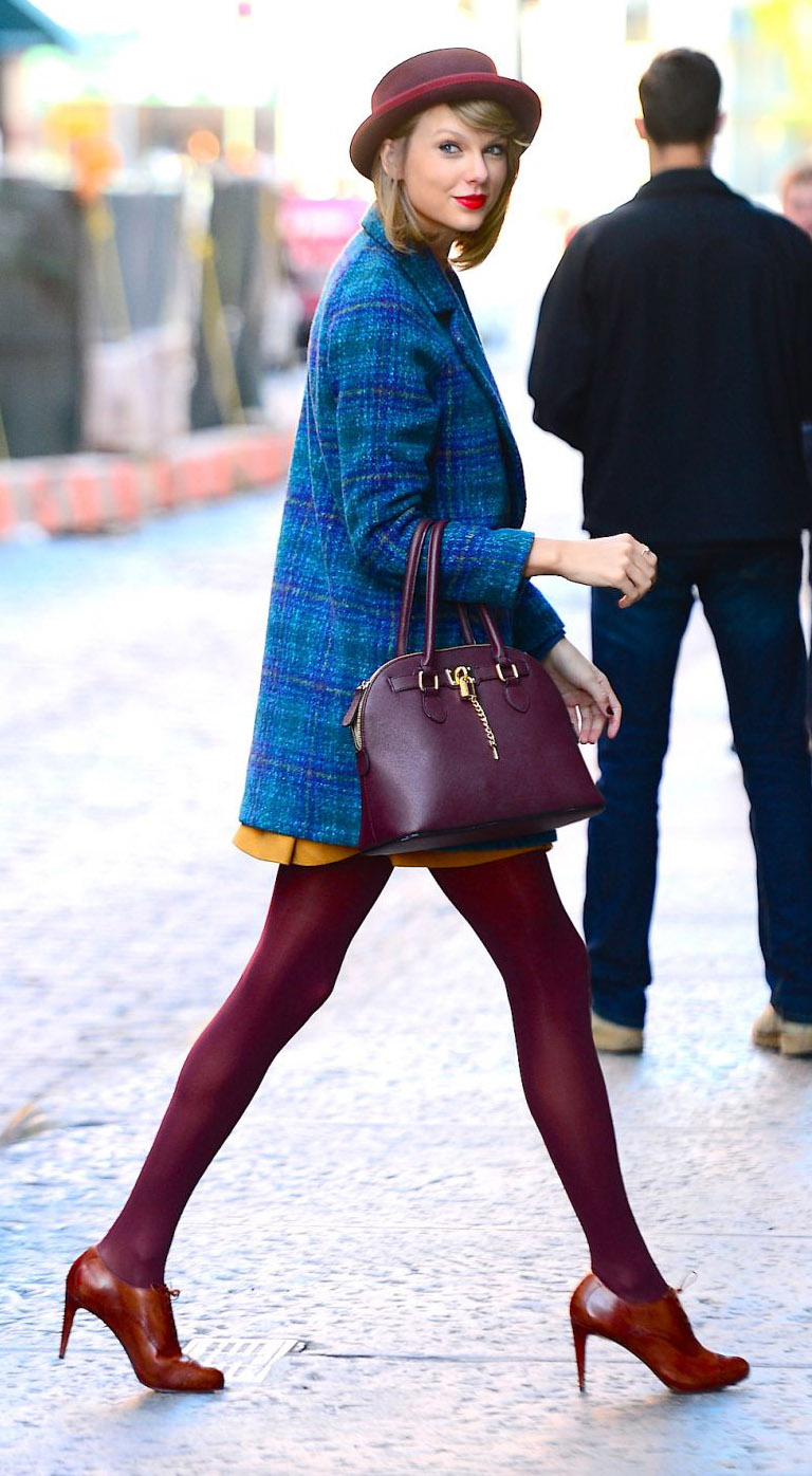 Taylor Swift Wears $150 Outfit of Plaid Dress, Maroon Handbag: Photos