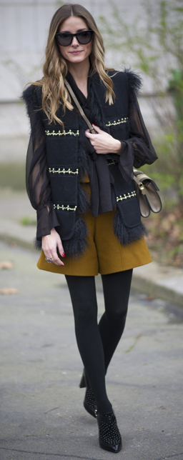 yellow-shorts-black-top-blouse-tan-bag-sheer-sun-black-shoe-booties-howtowear-fashion-style-outfit-fall-winter-black-tights-black-vest-oliviapalermo-celebrity-street-lunch-hairr.jpg