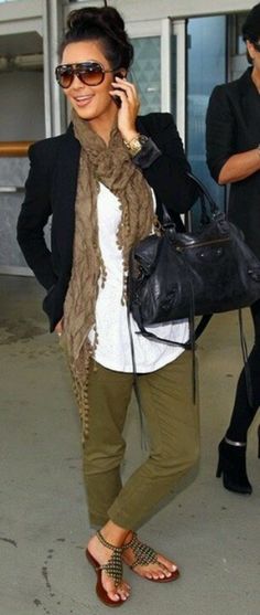 green-olive-chino-pants-white-tee-brown-scarf-black-jacket-black-bag-brown-shoe-sandals-bun-sun-kimkardashian-brun-spring-summer-weekend.jpg