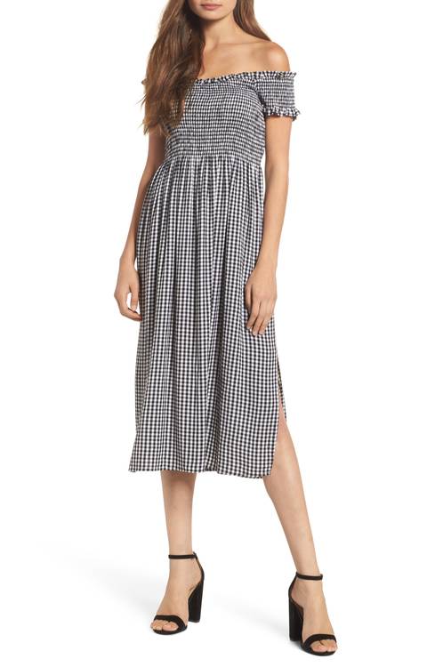Gingham Off the Shoulder Midi Dress