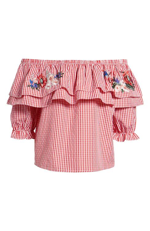 Embroidered Gingham Off the Shoulder Top