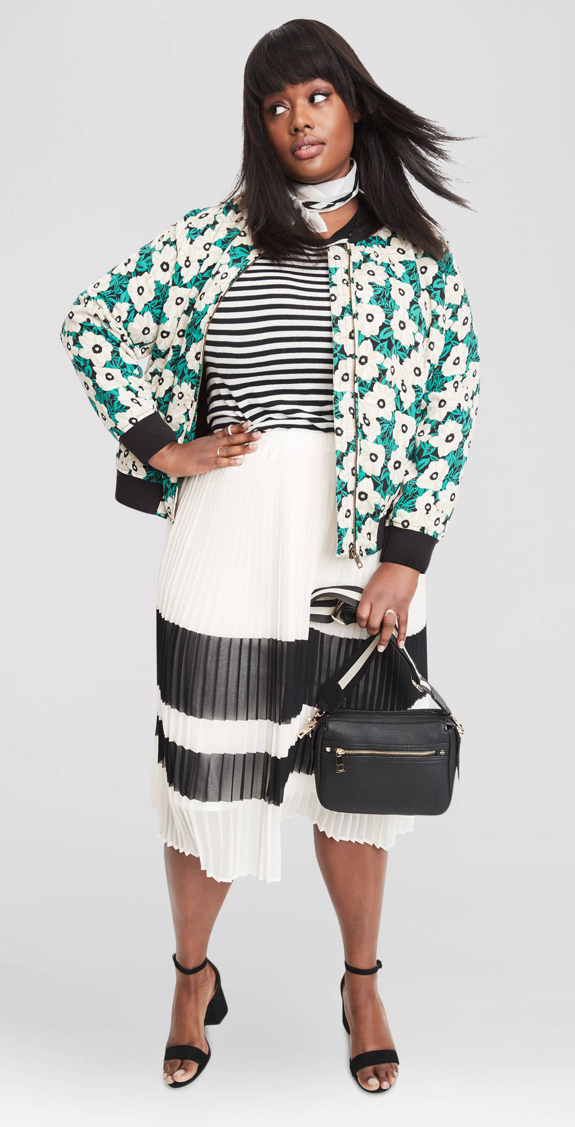 white-midi-skirt-stripe-black-tee-stripe-green-emerald-jacket-bomber-floral-print-white-scarf-neck-bandana-black-bag-black-shoe-sandalh-mix-outfit-spring-summer-brun-dinner.jpg