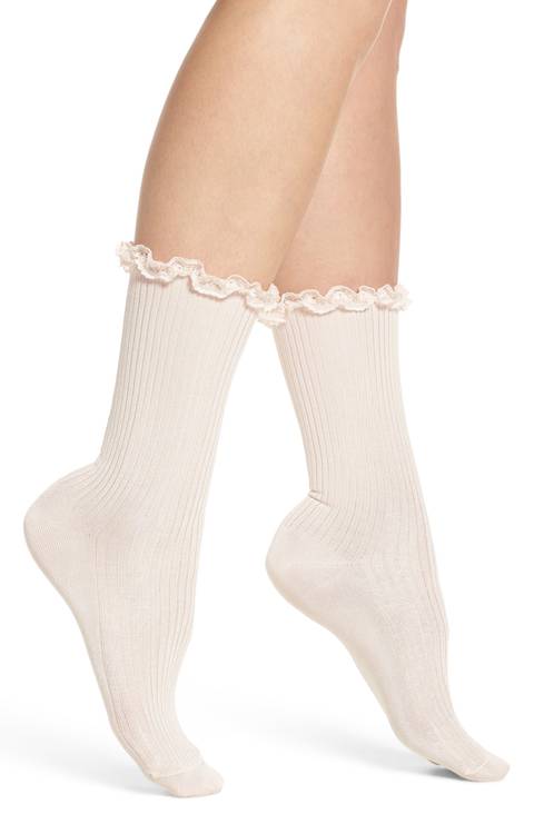 Lace Trim Luster Rib Crew Socks