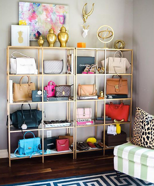 display-bookshelf-how-to-organize-your-handbags-closet-shelves-wall-hooks-display-gold-books-fashion.jpg