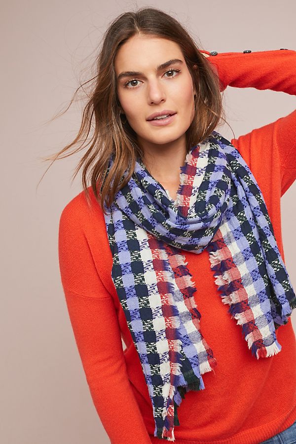 Fringed Gingham Wool Scarf
