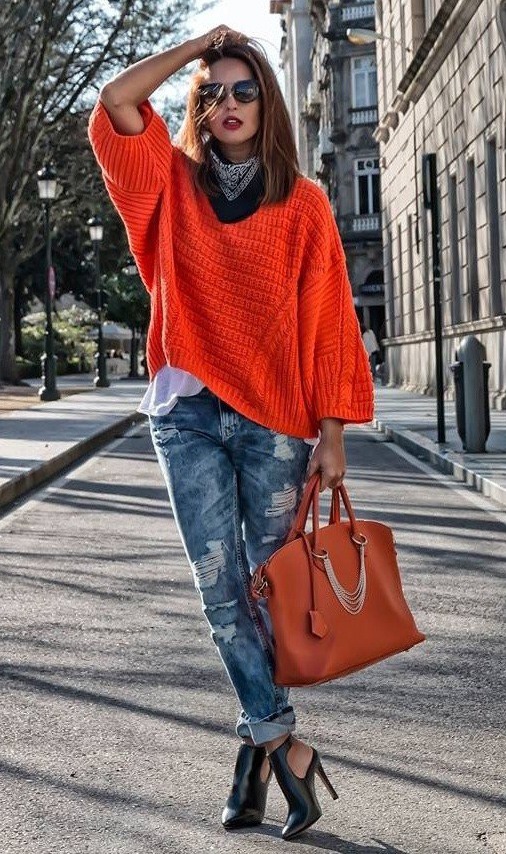 Orange pullover sweaters | HOWTOWEAR Fashion