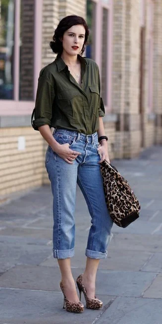 olive green shirt with light jeans