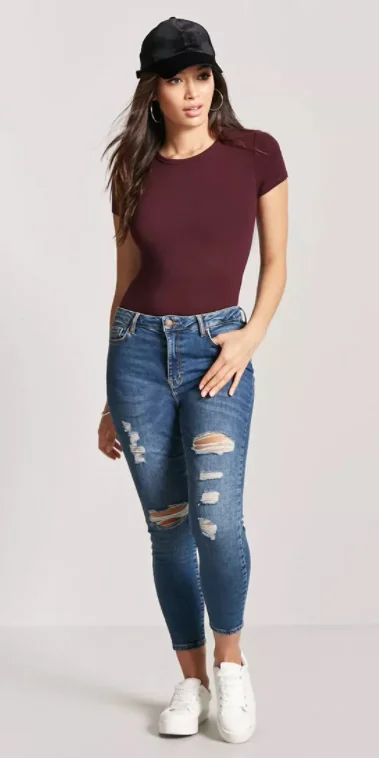 blue jeans and maroon shirt